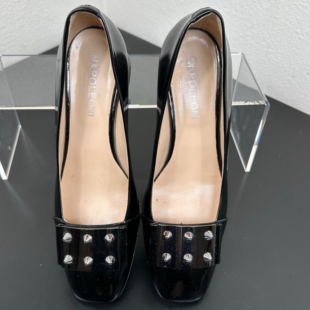Napoleoni Women Black Patent Studded Block Heel Pumps Size 9 Preowned - Picture 9 of 11